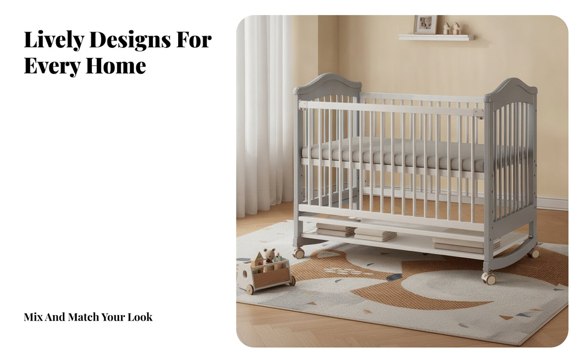 Caster Wheels Movable Baby Crib Slatted Sides Adjustable Wooden Crib Storage Shelf