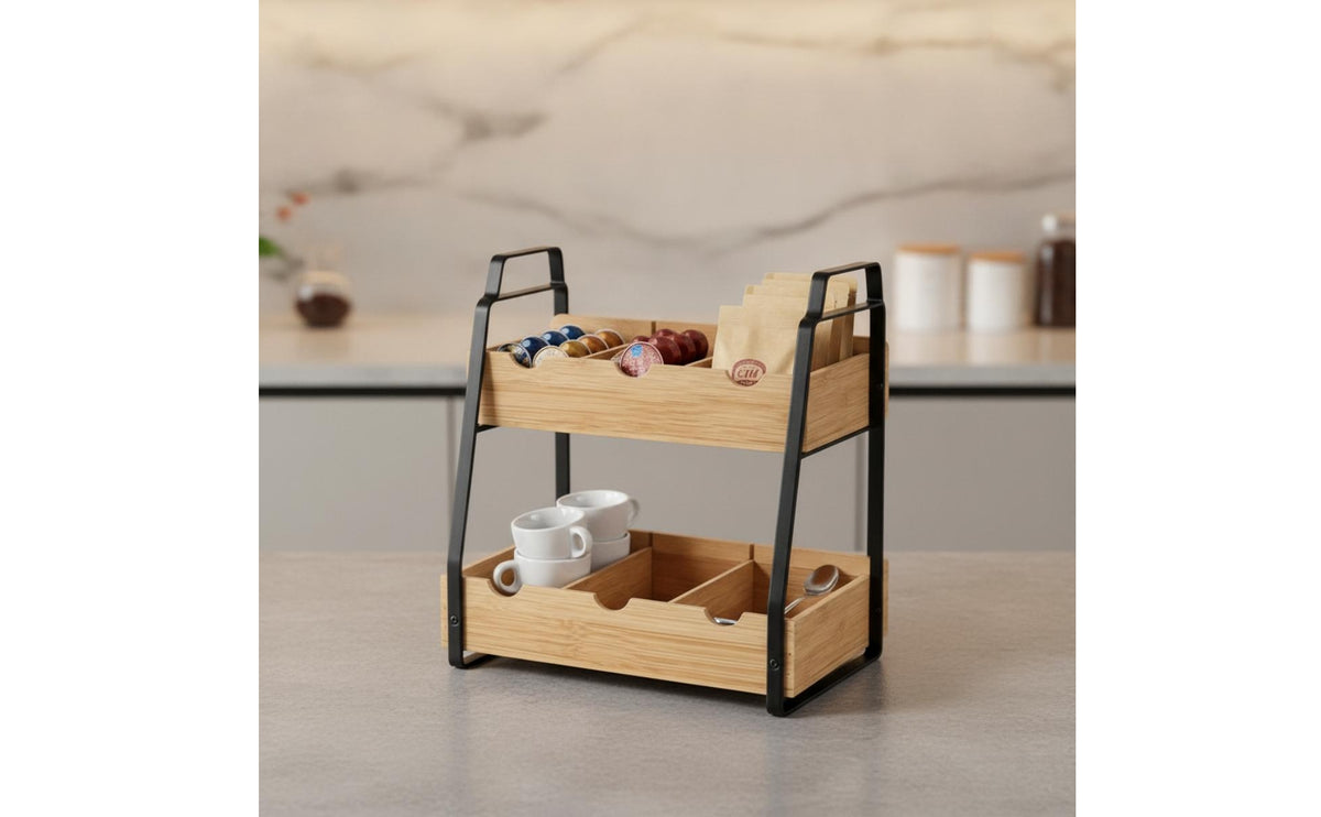 Tabletop Storage Rack Multi-Compartment Bamboo Organizer with Metal Frame Easy to Assemble Furniture for Students, Office Desk