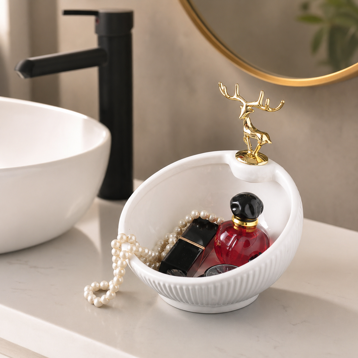 Deer Key Bowl, Modern Ceramic Jewelry Dish with Figurine, Desktop Trinket Storage for Console Table