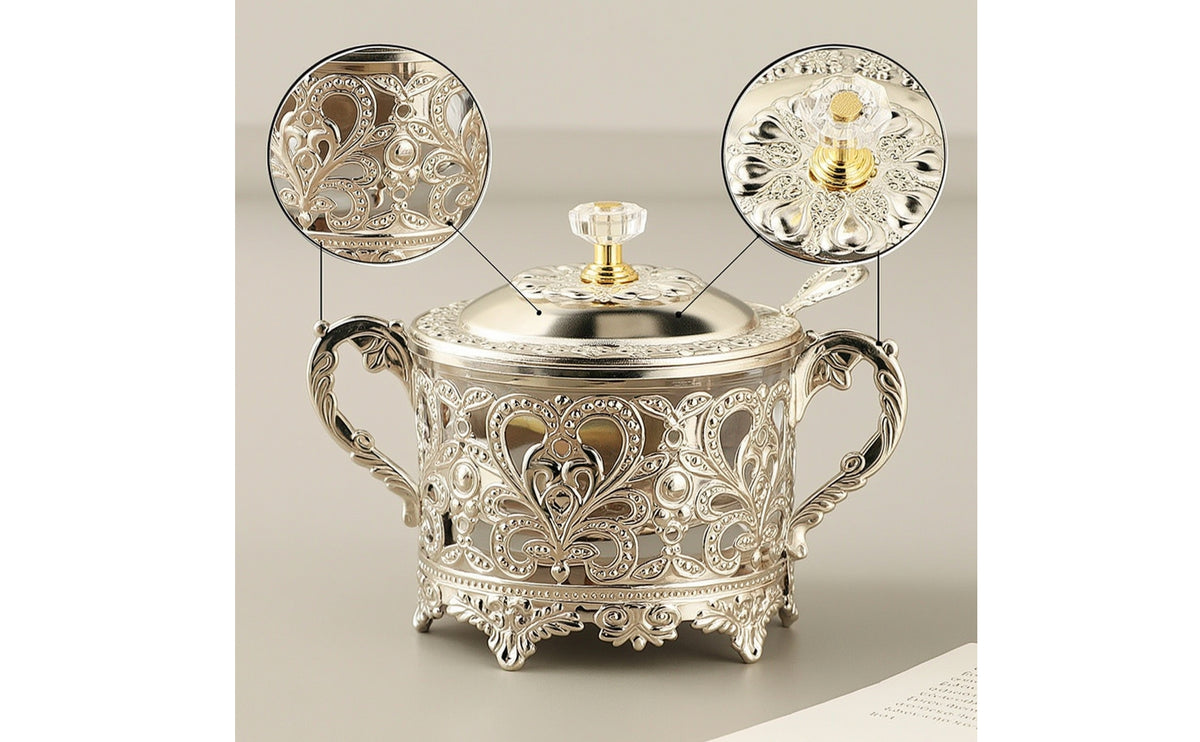 Metal Condiment Pot with Lid and Spoon Decorative Condiment Jar with Spoon Ornate Sugar Bowl with Lid Filigree for Hosts, Coffee Station, Tea Tray, Kitchen Counter