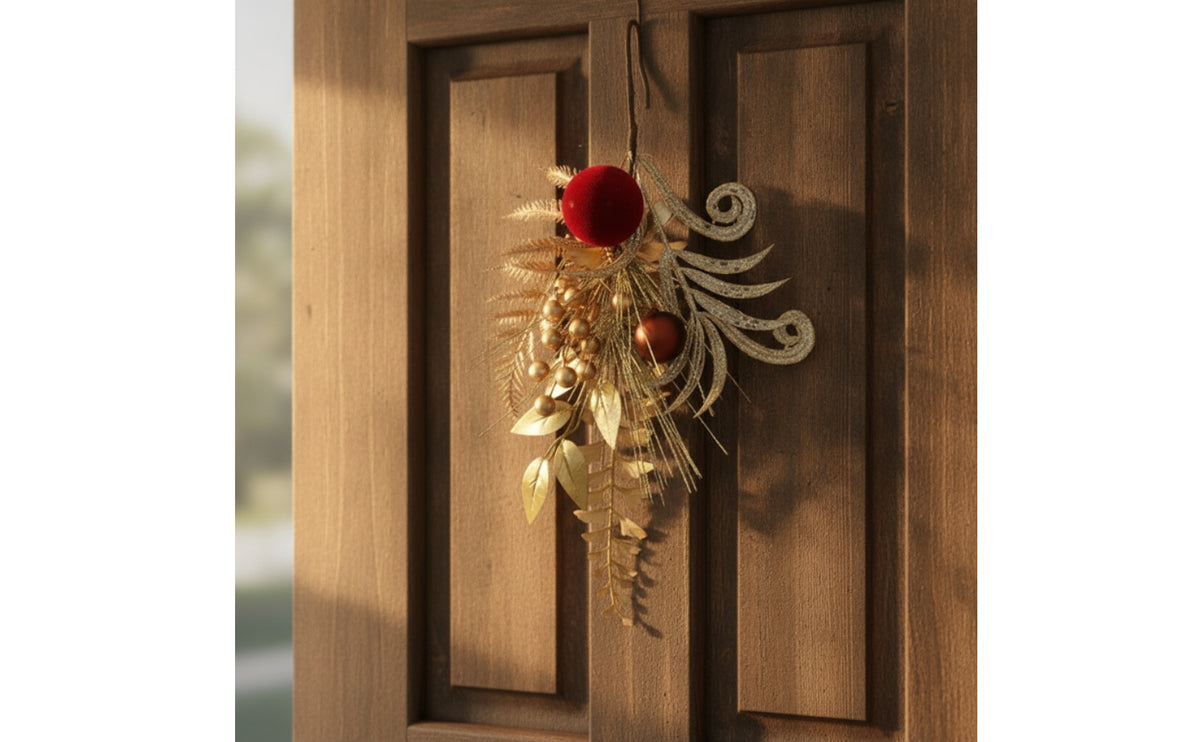 Hanging Floral Spray with Ornaments Cascading Decorative Branch Spray with Hanger Gleaming Holiday Wall Teardrop Swag for Entryway, Front Door, Mantel