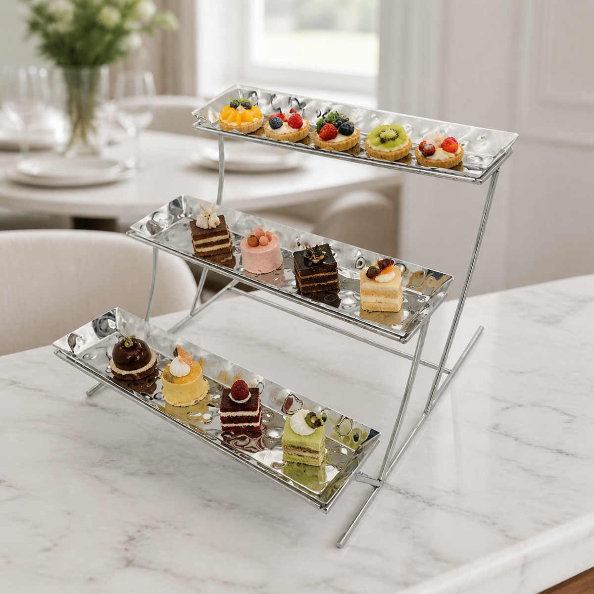 Metal Rectangular High Tea Stand, 3 Tiered Serving Stand for Afternoon Tea, Hammered Finish Dessert Display