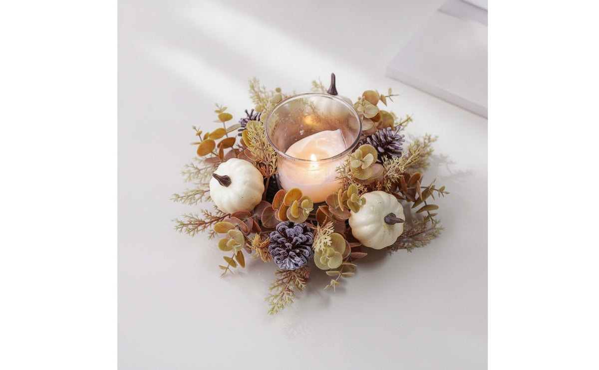 Harvest Wreath with Glass Holder Autumnal Candle Loop Festive Centerpiece Faux for Hosts, Tabletop, Thanksgiving, Mantel