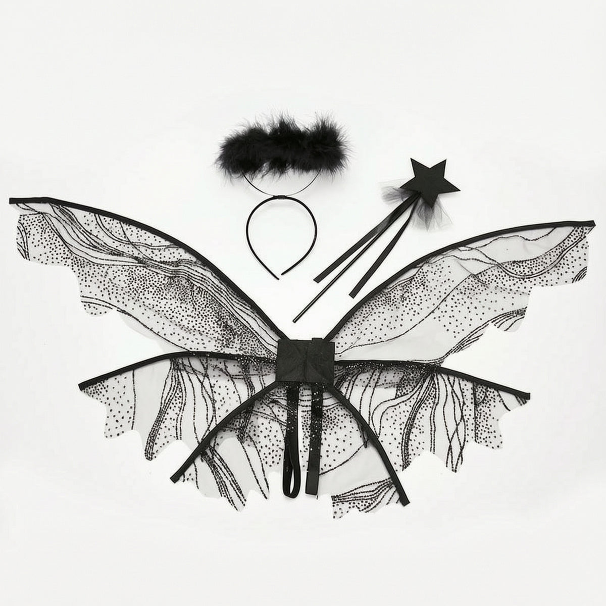Black Angel Wings Transparent Costume Set with Wand Lightweight Fairy Wings Matching for Adults, Cosplay, Festivals