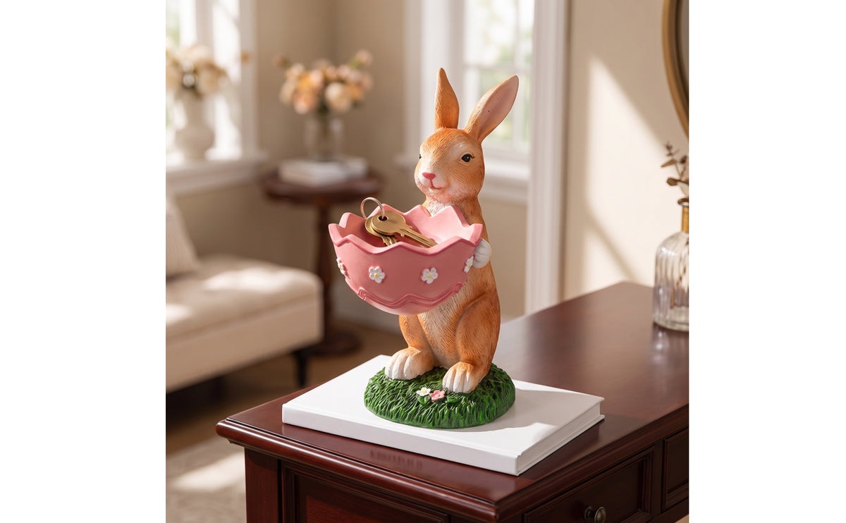 Hare Figurine with Bowl Resin Hare Statue with Bowl Hand-Painted Storage Figurine for Entryway, Desktop, Vanity