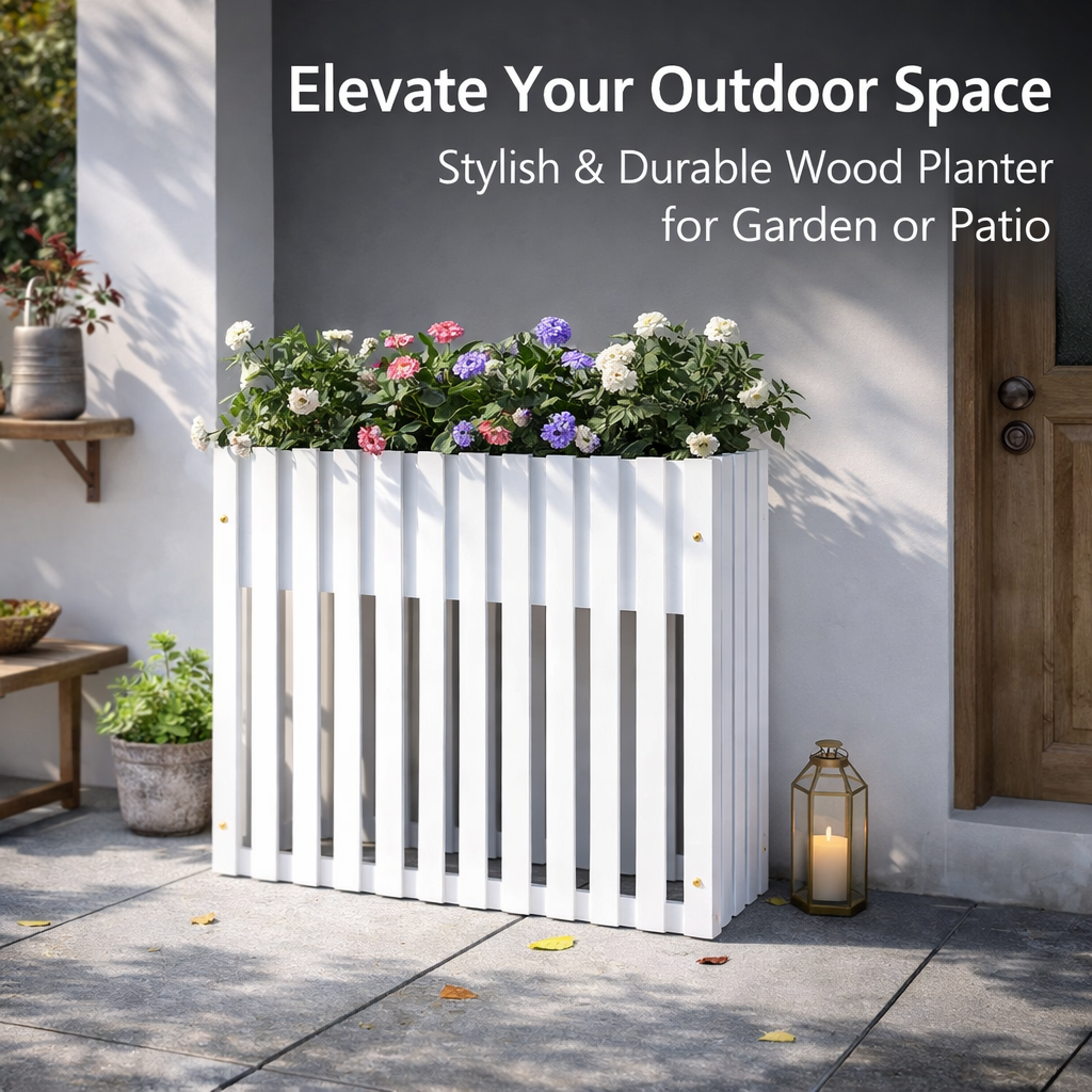 Outdoor Wooden Planter Box with Fence for , Raised Garden Bed Long for Gardeners, Rectangular Flower Freestanding 120x30x90cm