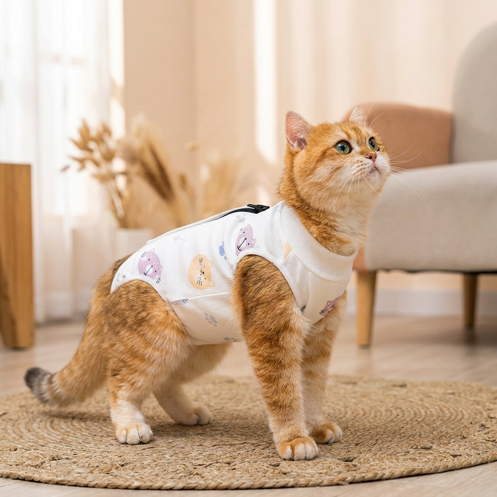 Cat Recovery Suit for Post Surgery, Cartoon Round Neck Cat Spay and Neuter Recovery Suit, Breathable Anti Licking Fasteners Bodysuit
