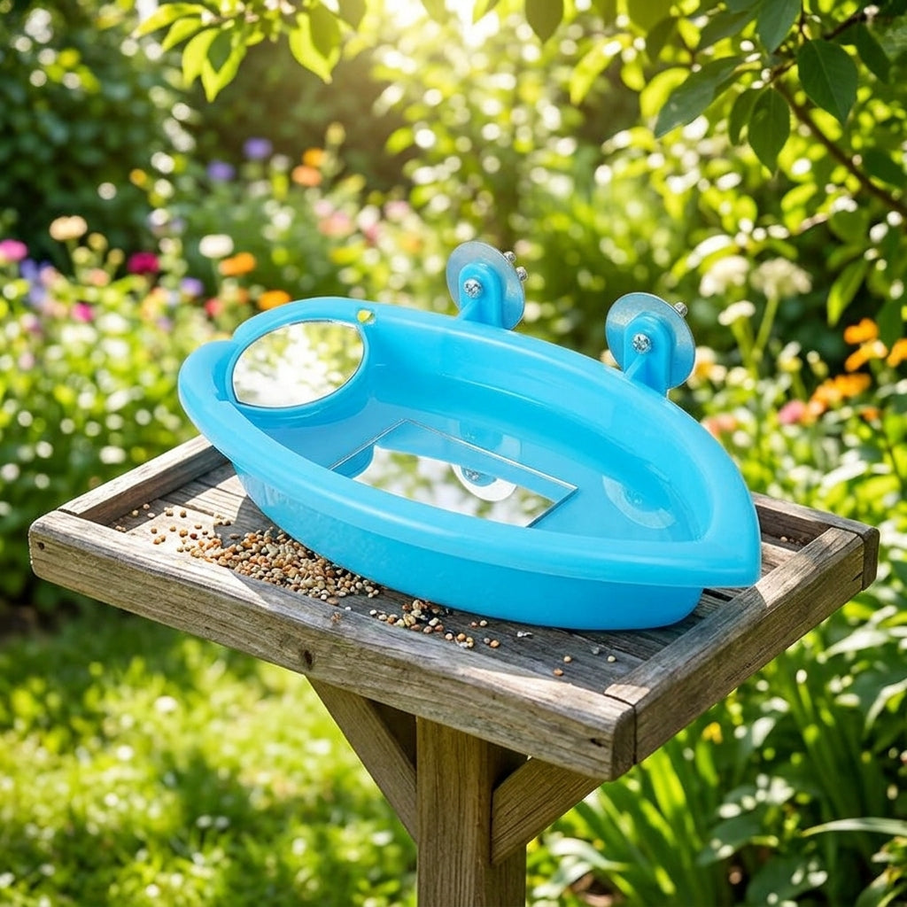 Bird Bath House for Parrots, Blue Bird Bath with Feeding Bowl, Multifunctional Water Bowl for Cage Mounting