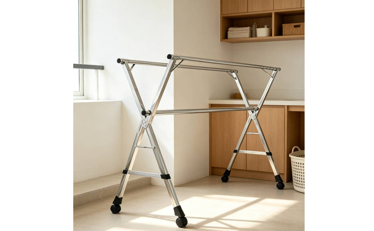 Space-Saving Clothes Drying Rack with Wheels Mobile Folding Laundry Rack with Shoe Shelf Collapsible Foldable Metal Laundry Stand Rust-Resistant for Apartment