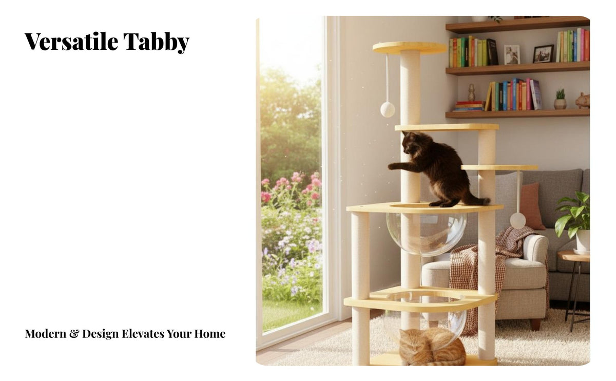 Multitiered Feline Tree Transparent Capsule Bed Multitiered Climber with Clear Bowl Sisal Scratching Posts Climbing Frame for Indoor Use, Living Room