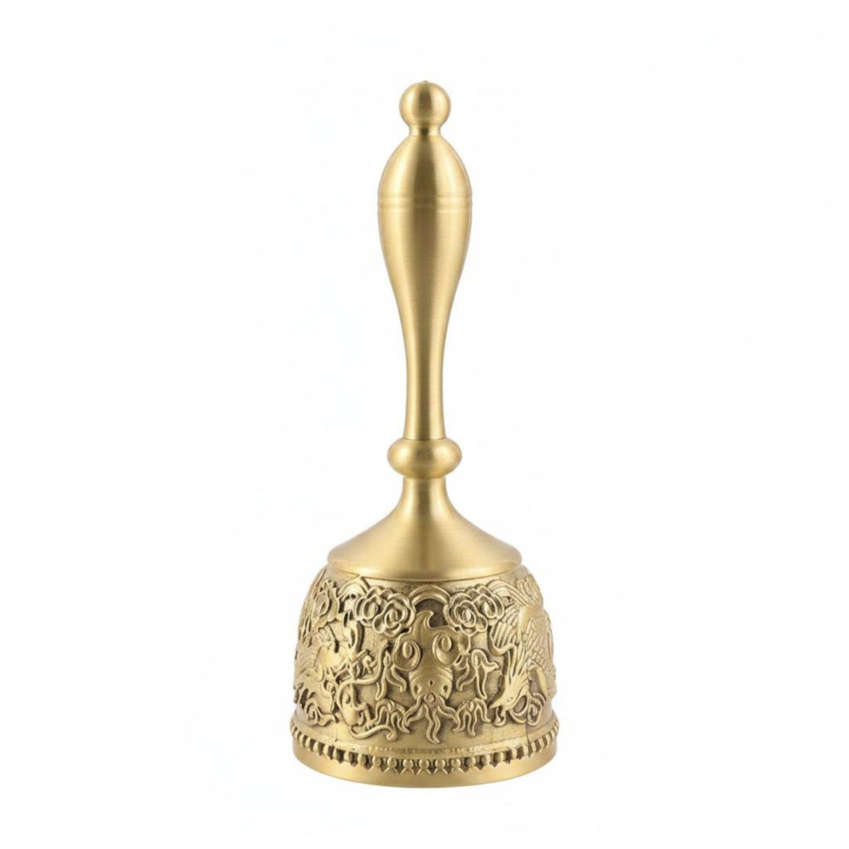 Polished Finish Brass Hand Bell Ornate Metal Desk Bell Loud Clear Chime Home Decor Engraved Pattern for Classroom