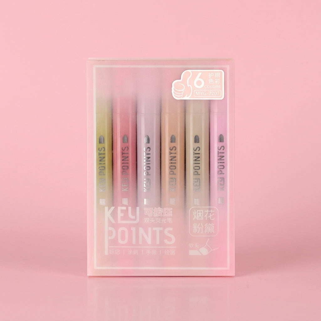 Highlighter Pens, Double Ended Markers for Note Taking and Study, Mild Highlighters for Students, 6 Pack Pink