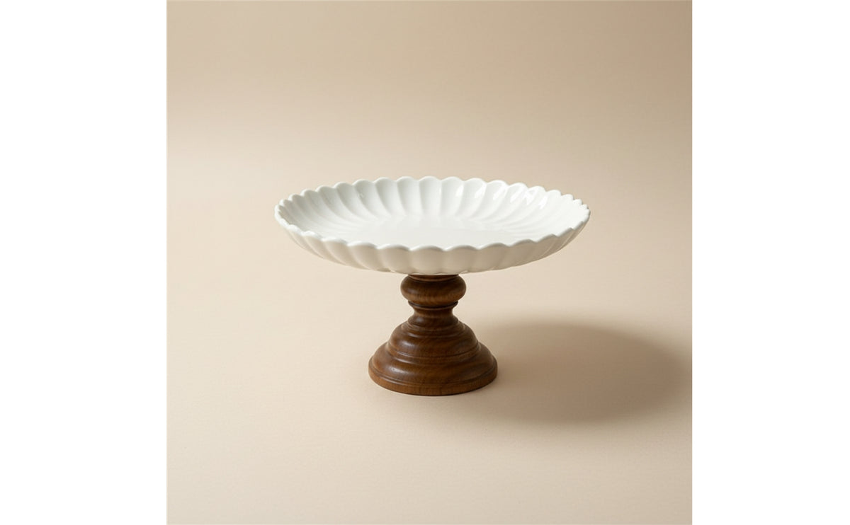 Cake Stand | Ceramic, Serving Stand with Wood Base, for Home Entertaining