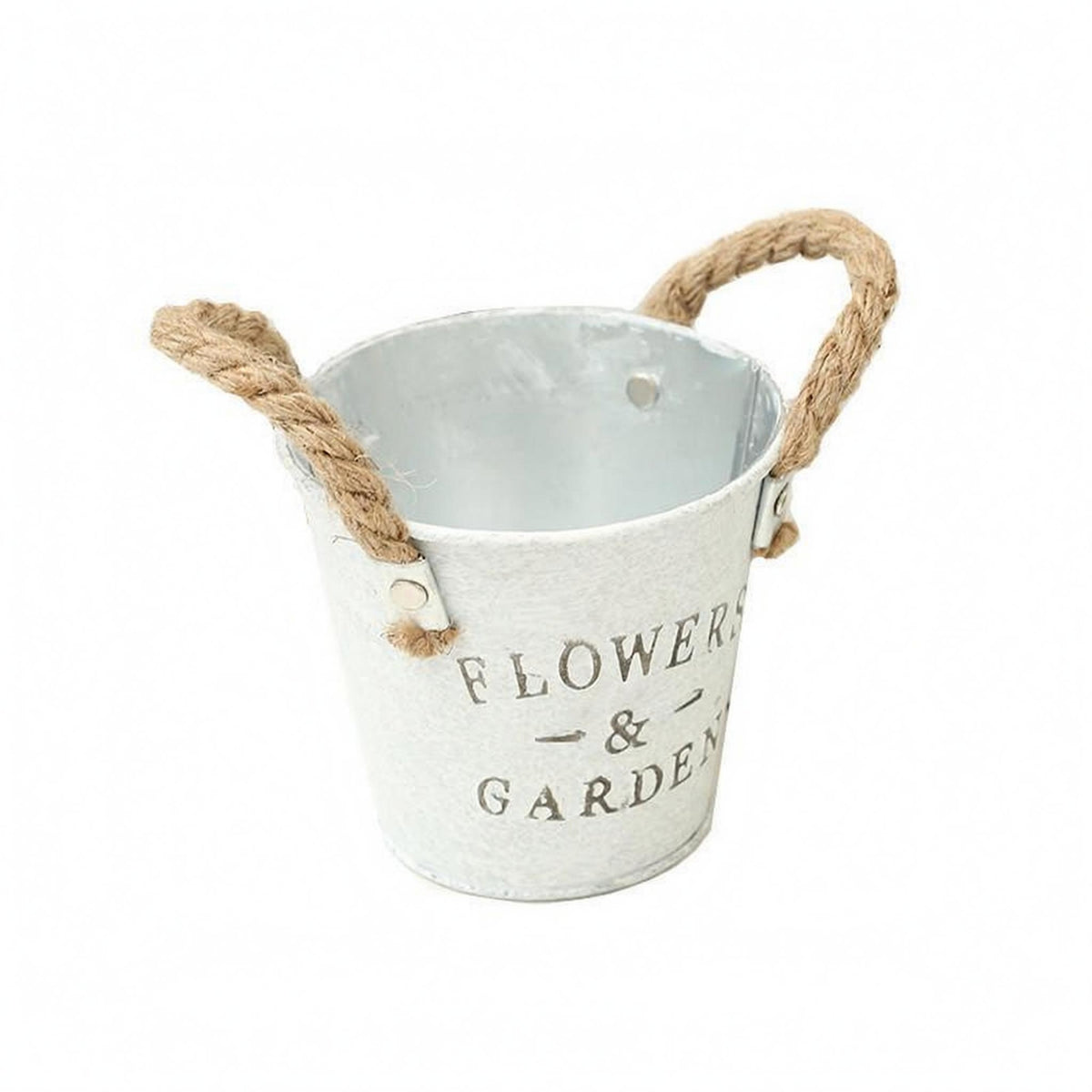 Hand-Painted Metal Bucket Planter Distressed Finish Bucket Flower Pot Printed Lettering Rope Handle Planter Tapered Shape