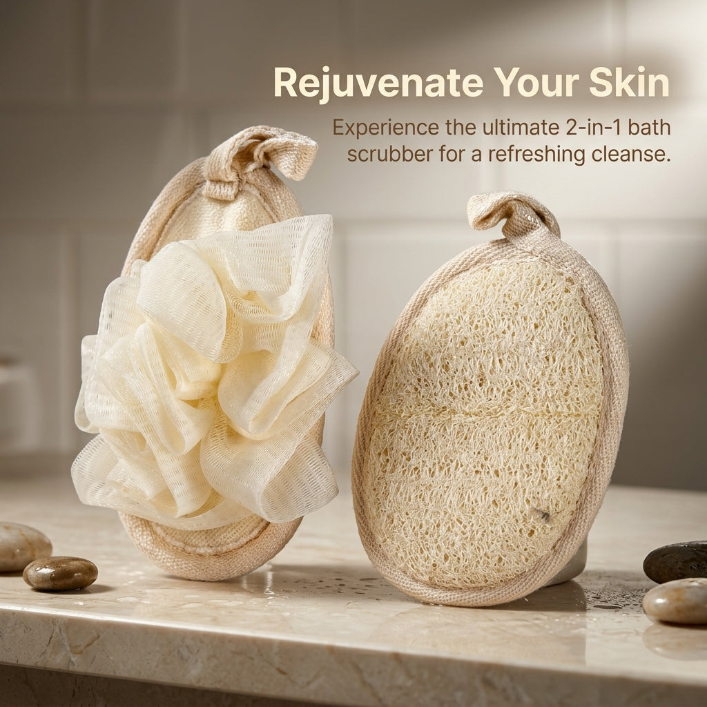 Exfoliating Back Scrubber for Adults Bathing, Washable Rayon Glove with Textured Surface, 2-in-1 Mitt and Loofah Set