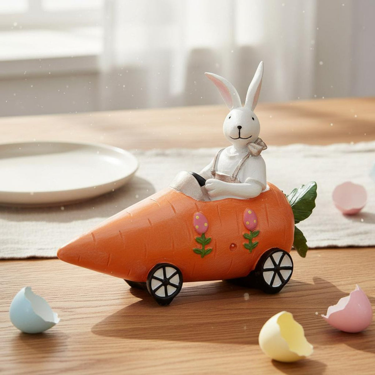 Creative Design Bunny in Carrot Car Figurine Hand-Painted Feature Rabbit Driving Carrot Vehicle Statue Easter Bunny Resin Ornament for Desktop, Office
