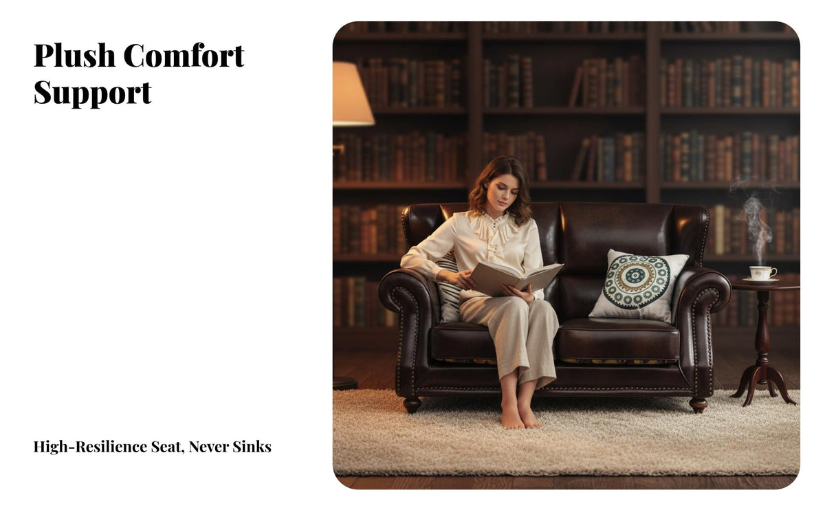 Straightrear Leather Settee firm Wood Frame Sofa timeless design Couch for Homeowners, Office Managers, Home Study