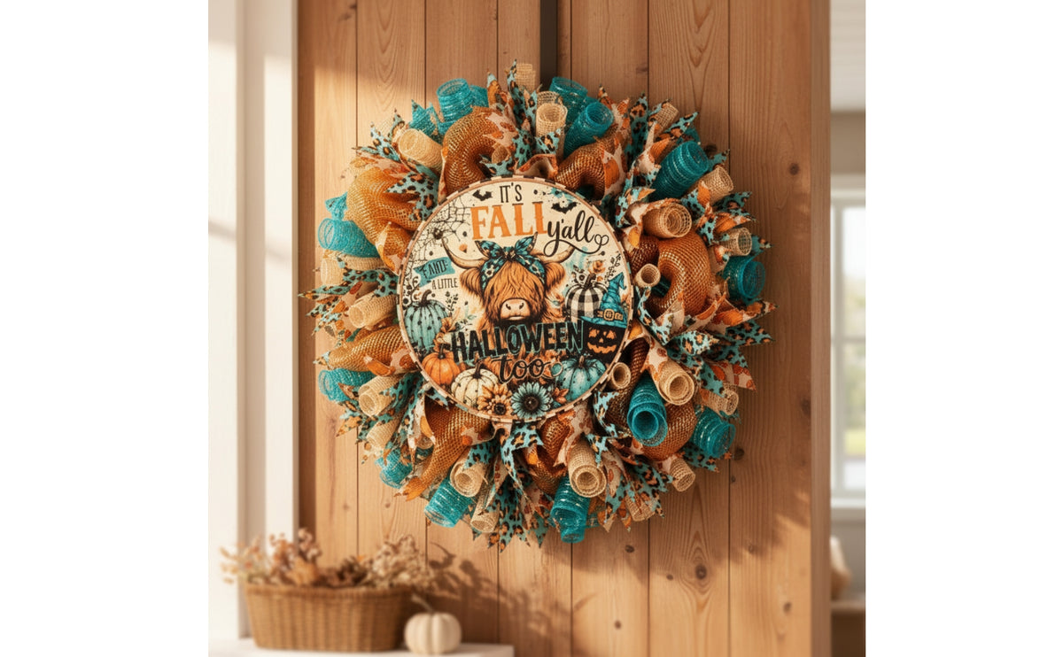 Farmhouse Wreath with Cow Centerpiece | Seasonal, Door Wreath, for Fall
