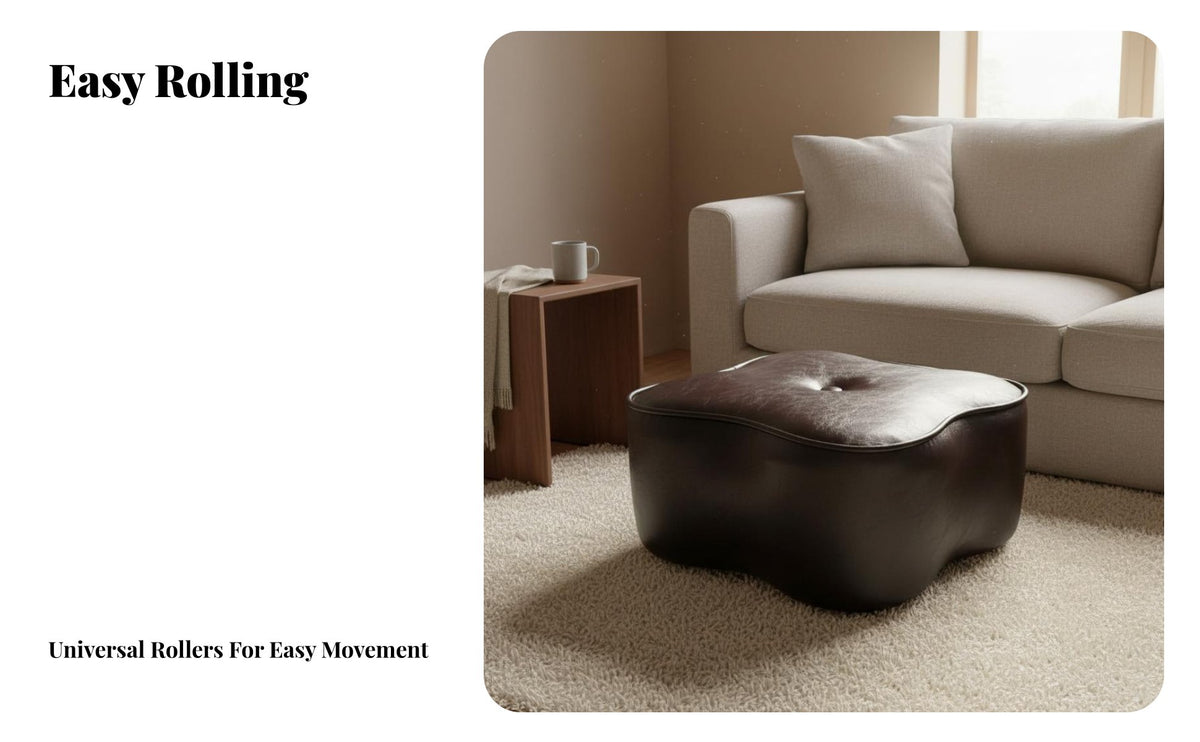 Movable with Wheels Clover-Shaped Wheeled Pouf Padded Seat Low Stool Tufted Button Accent Footrest for Adults, Children, Living Room, Bedroom, Entryway