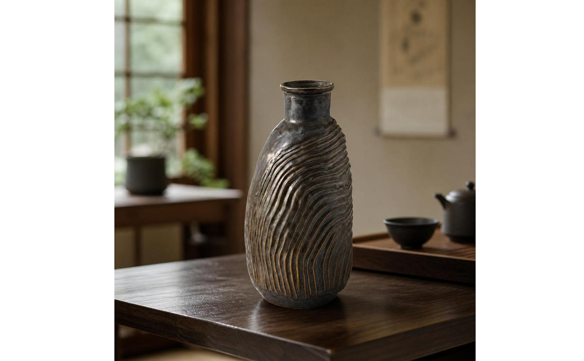 Textured Ceramic Vase | Decorative, Ribbed Vase, for Living Room
