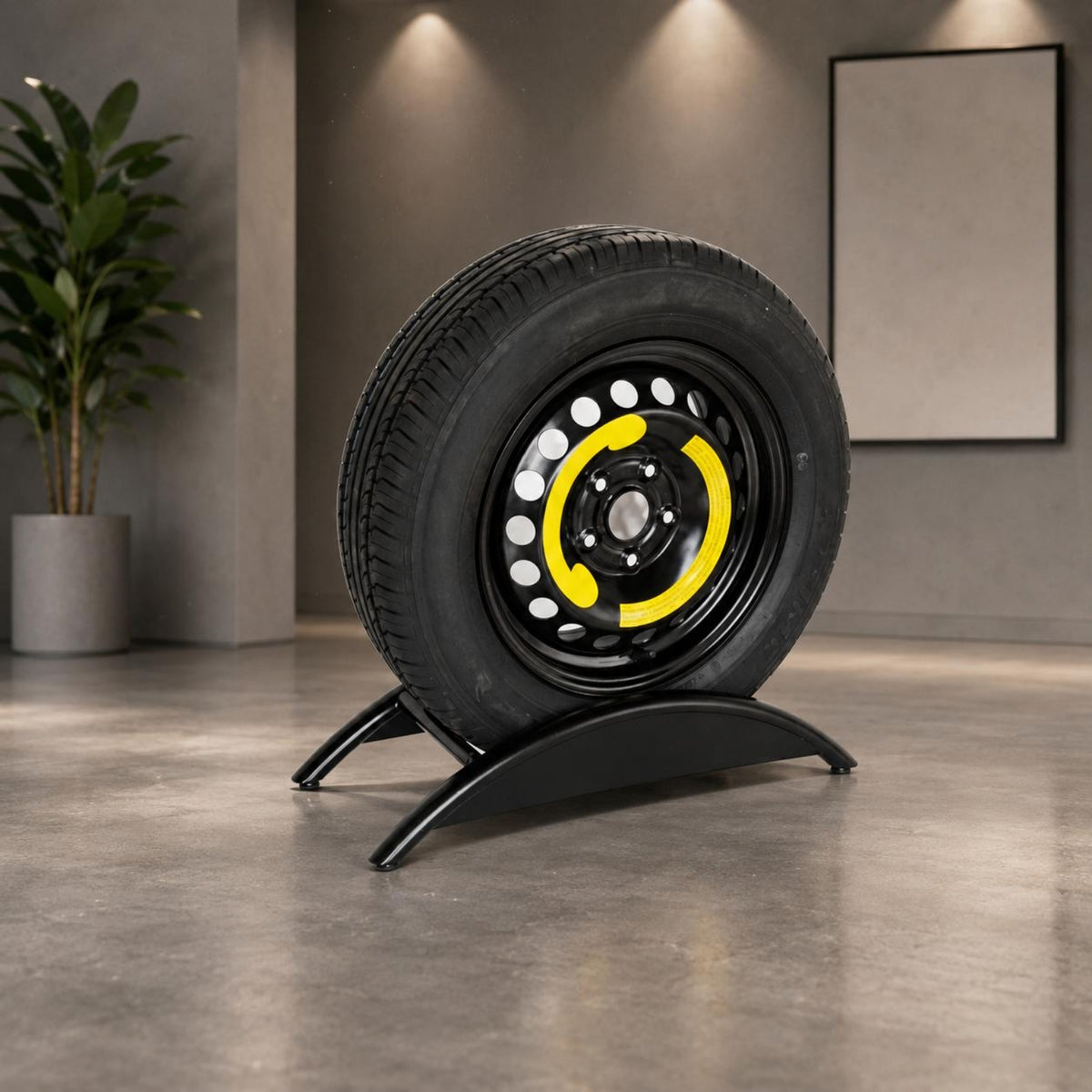 Black Metal Upright Tire Display Rack Cylindrical Arms Single Tire Holder Welded Frame Garage Storage Polished Finish for Showroom