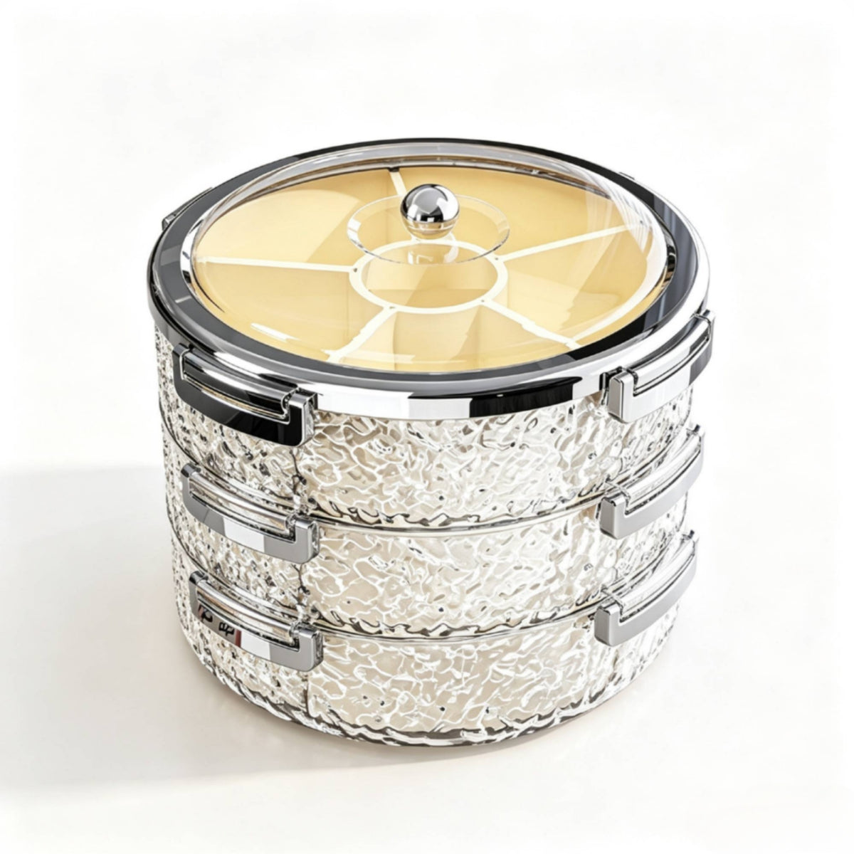 Stacked 3-Tier Storage Box Segmented Divided Container with Lid and Handle Hammered Snack Box Decorative for Parties
