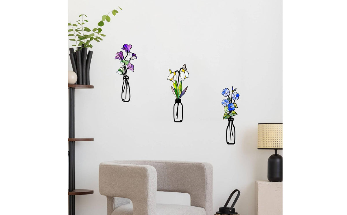 3 Pieces Farmhouse Design Minimalist Floral Wall Sculpture Easy to Hang Metal Vase Wall Art Rust Resistant Indoor and Outdoor for Living Room, Bedroom, Hallway