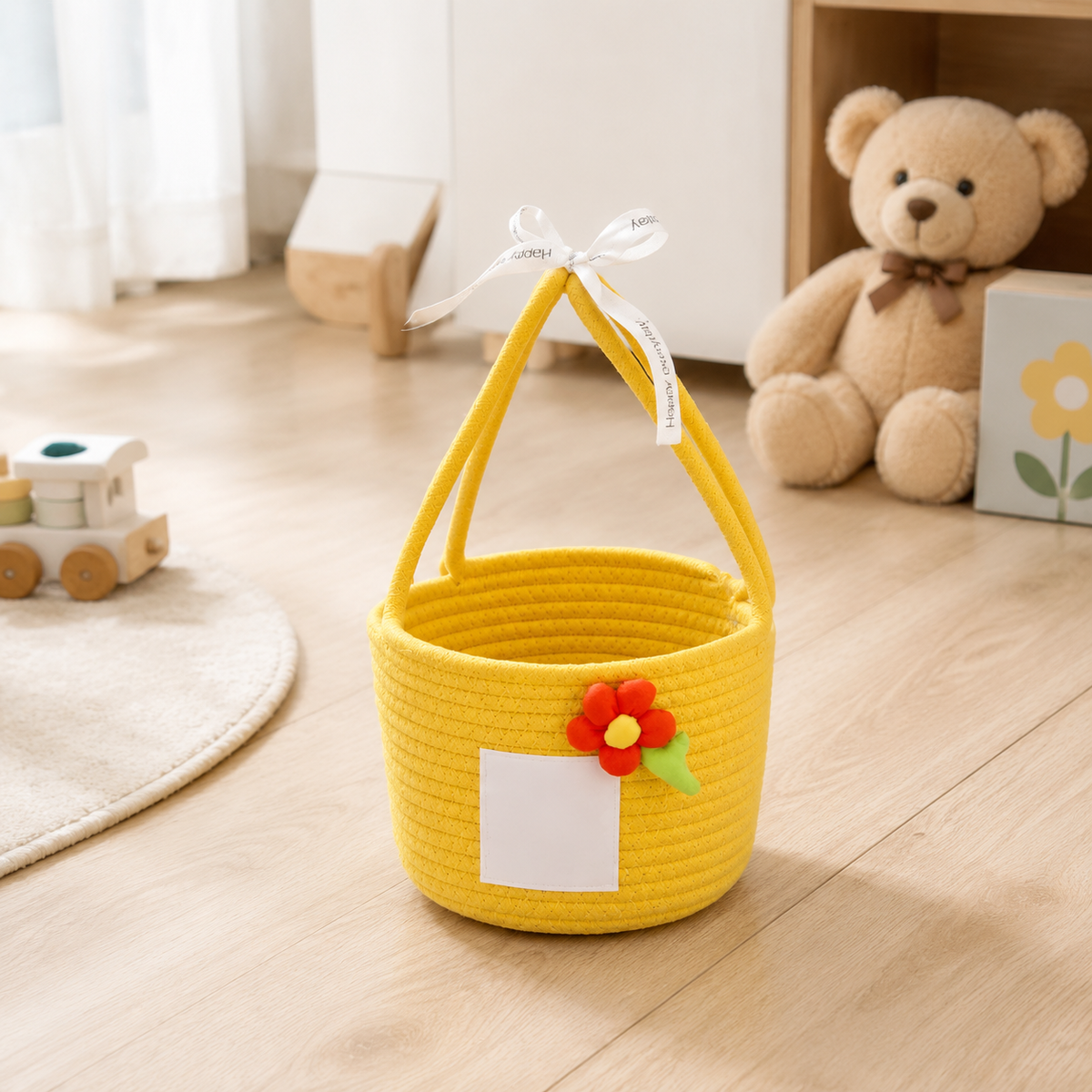 Woven Basket with Woven Handle Fibre Rope Storage Baskets, Decorative Yellow Nursery Basket for Baby Gifts