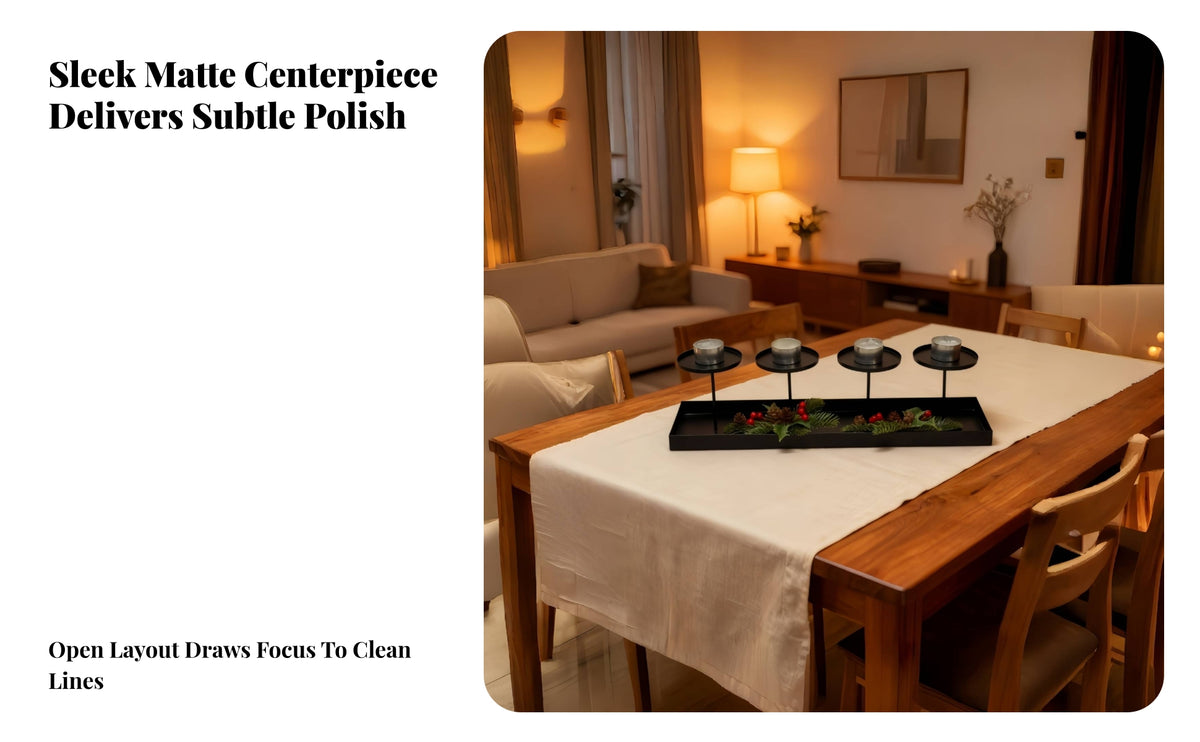 Matte Black Candle Holder with Tray | Four Slender Stem-Mounted Plates, 4-Light Candle Tray, for Dining Table
