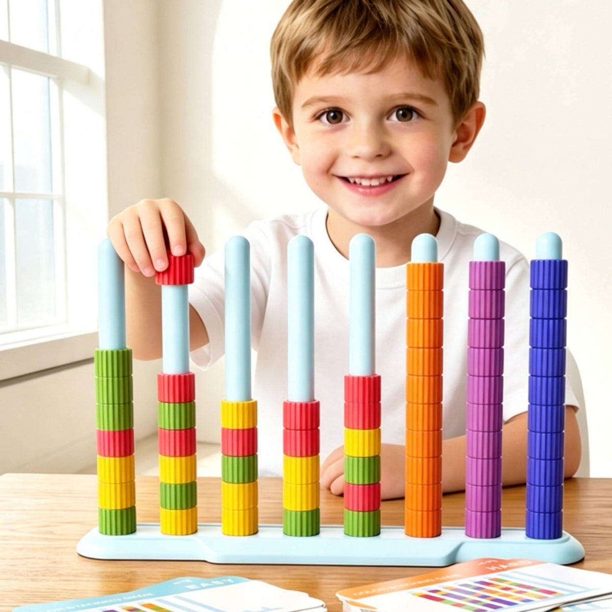 Hand-Eye Coordination Color Sorting Stacking Game Tabletop Stacking Game with Rings Brain Teaser Sorting Toy with Cards Reasoning for Playroom, Classroom, Homeschool
