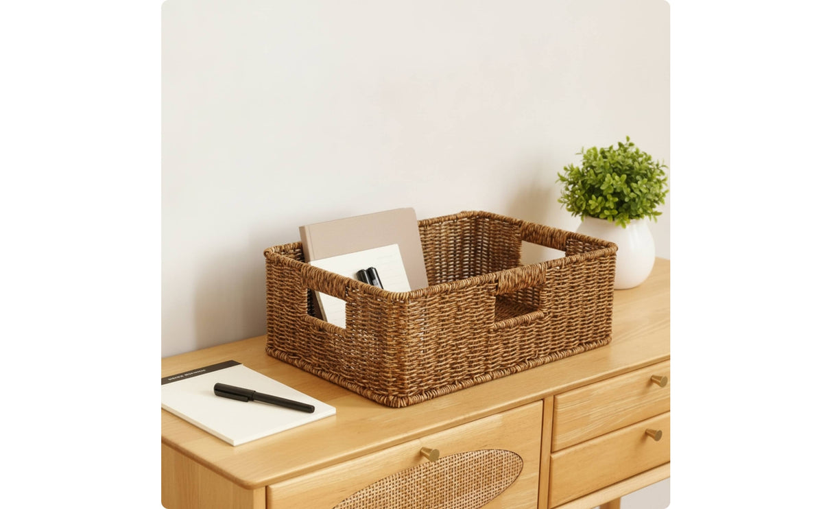 Open-Top Woven Storage Basket Imitation-Rattan Storage Basket with Cut-out Handles Sturdy Rigid for Shelf, Cabinet, Closet, Desktop