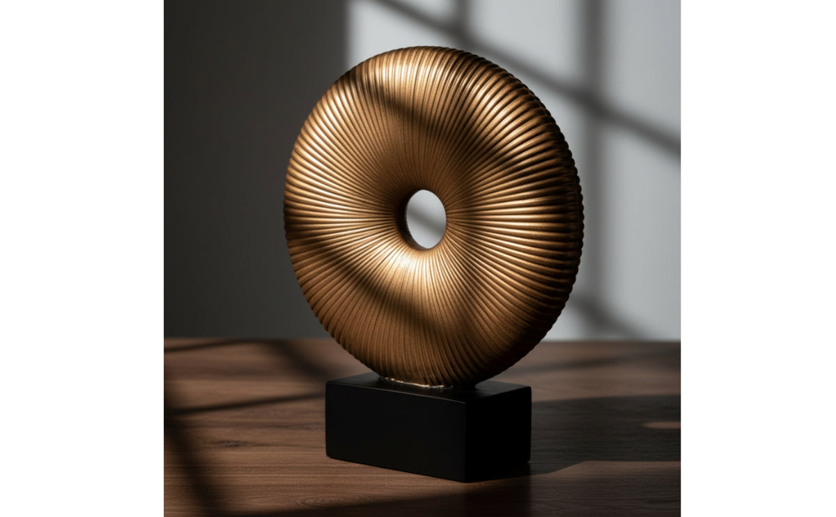 Circular Sculpture Sculpture with Base Copper-Toned Circular Medallion Ornament Chinese-Influenced Resin Tabletop Decor for Homeowners, Living Room