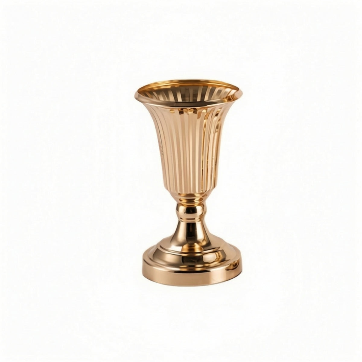 Trumpet Vase with Round Base Gold Pedestal Vessel Vase with Pedestal Base Vertically Ribbed Polished Lustrous