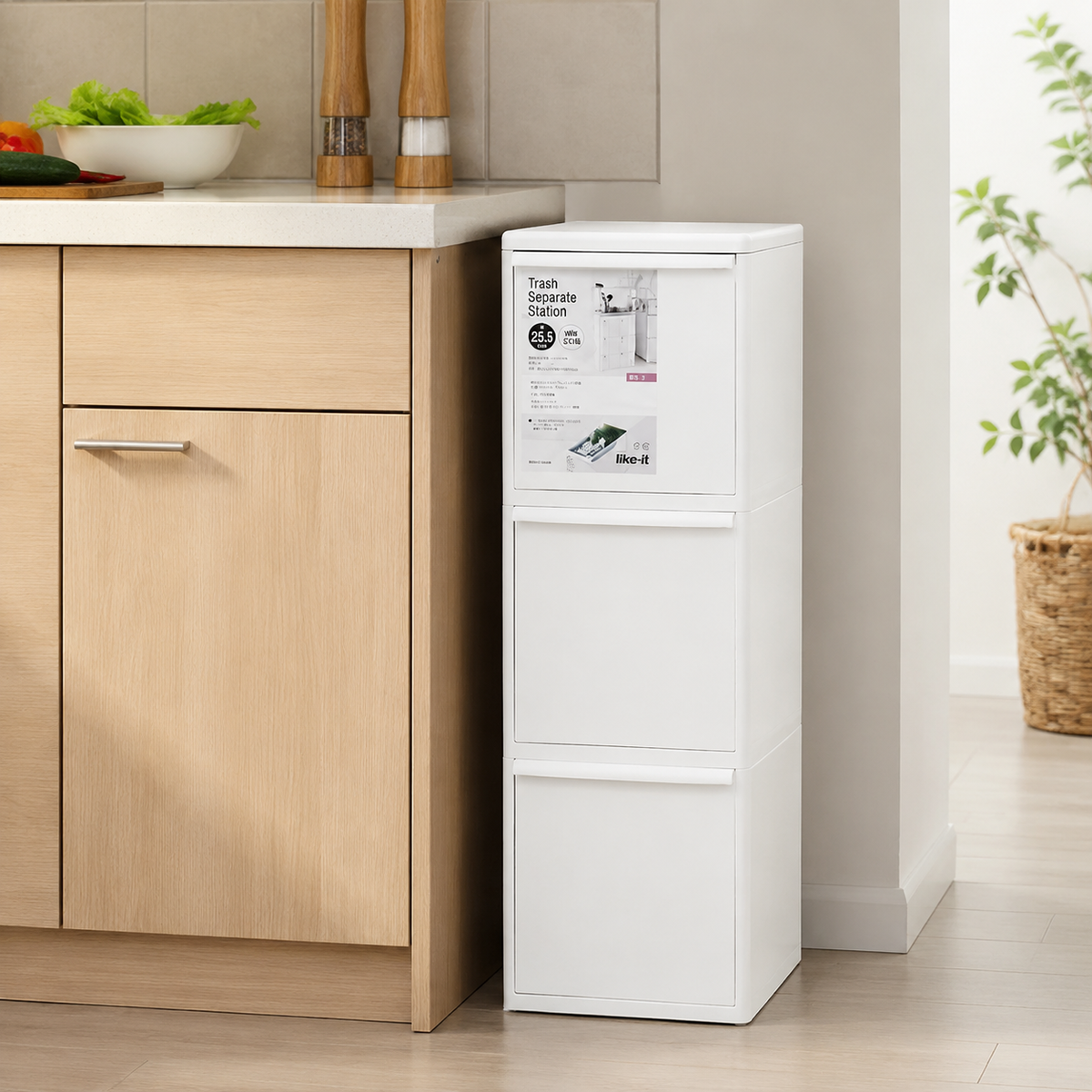 Trash Bin Sorting Recyclables 3-Tier Drawer-Type Slim Dust Box with Lid for Kitchen Gaps, Resin Made