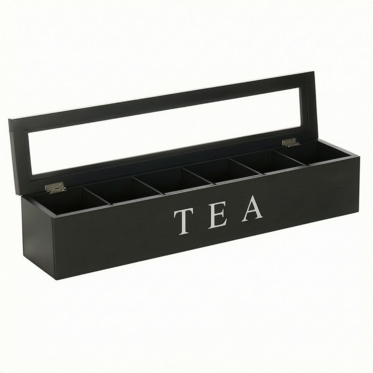 Wooden Tea Bag Storage Box with Flip Lid and Compartments for Coffee Capsules, Watches, and Jewelry