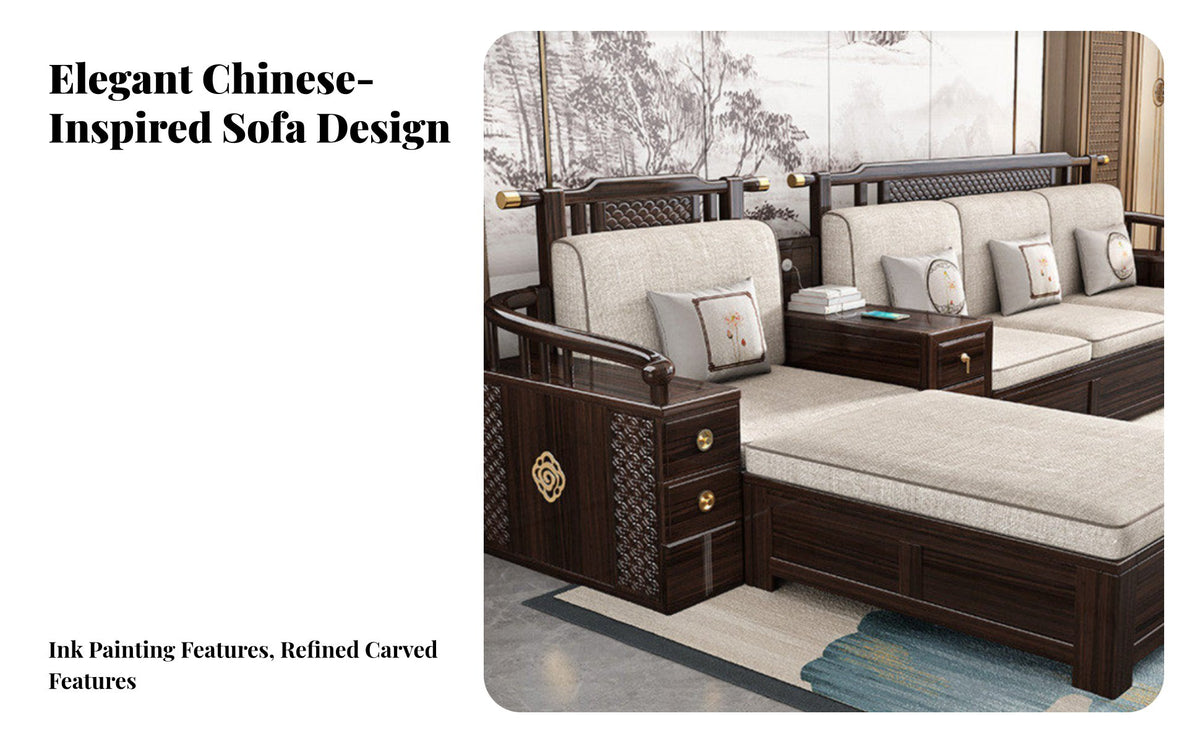 Wooden Sofa Set with Storage New Chinese aesthetic Lounge Suite full Wood Construction Sectional Couch for Homeowners, Adults, Villa, Reception Den