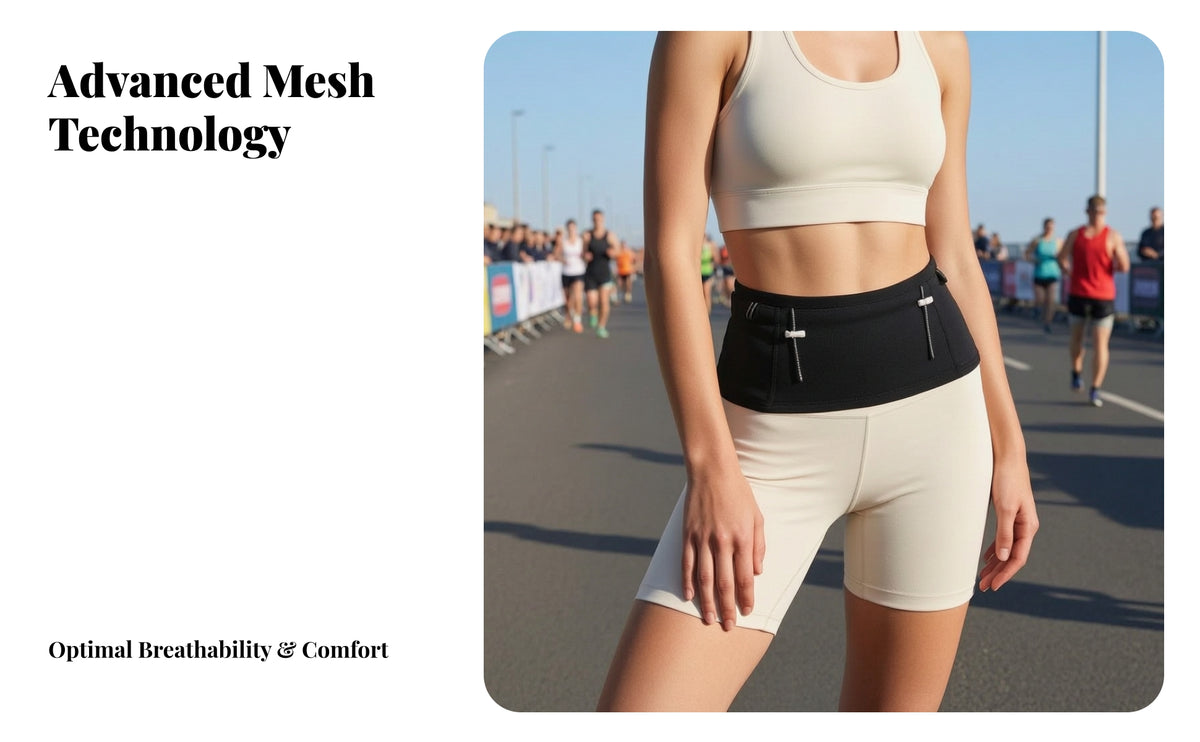 Shock-Absorbing Running Waist Pack | Low-Profile hugging Shape, Breathable Mesh Exterior, Waist Pack with Zip Pockets, for Workouts