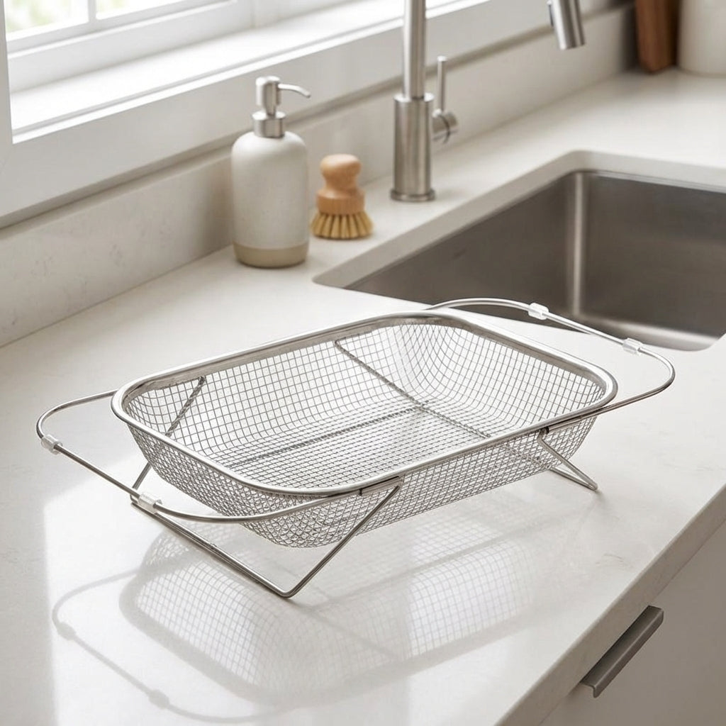 Retractable Drain Basket Kitchen Sink Drainer, Stainless Steel Strainer with Fine Mesh, Telescopic Colander for Vegetables Fruits and Dishes