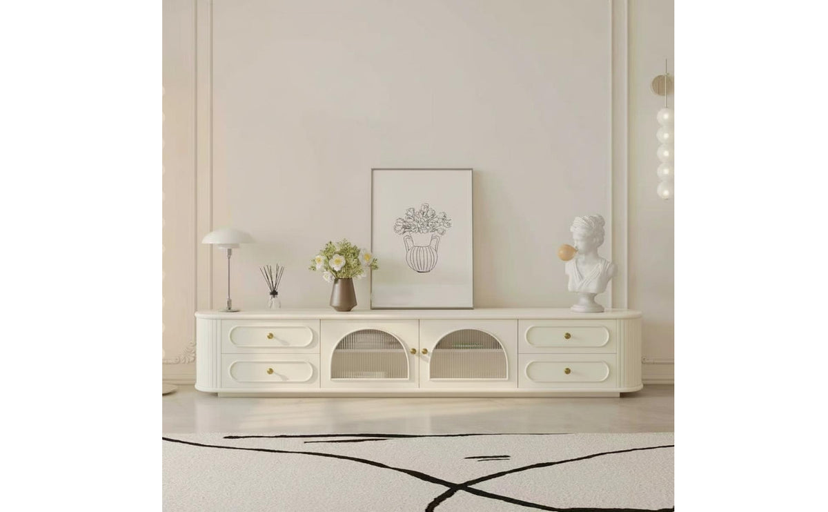 TV Cabinet with Glass Doors Cream TV Stand with Glass Doors Fluted Media Console for Living Room