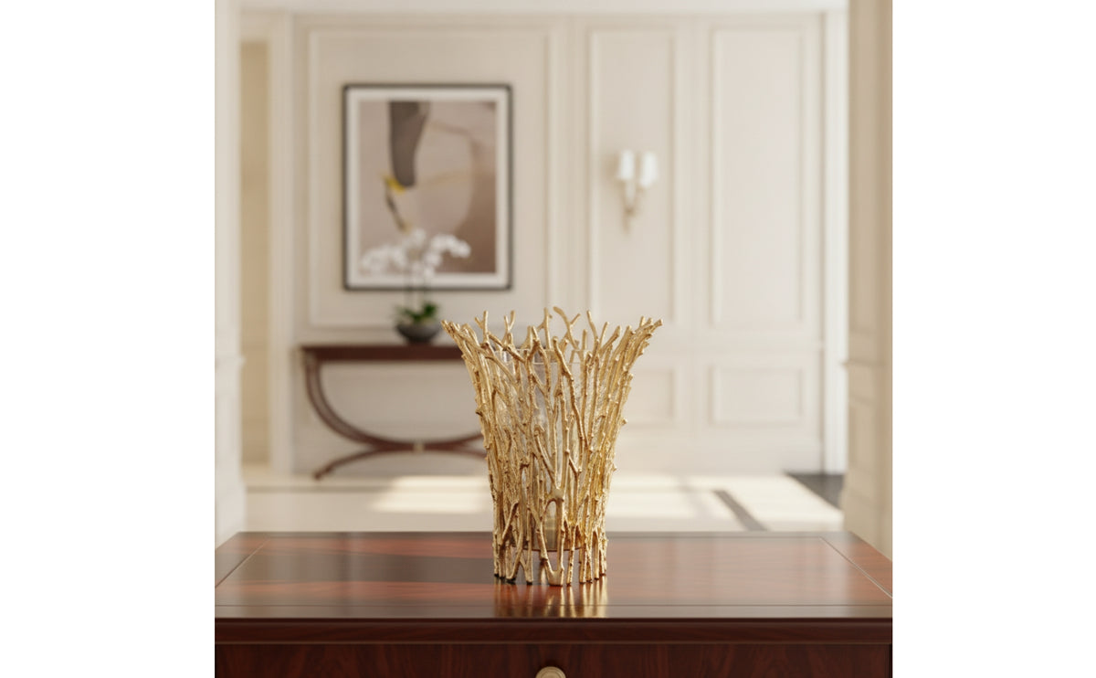 Candle Holder with Glass Insert Gold-Tone Gale Candle Holder Openwork Candlestick for Centerpiece, Tabletop, Living Room