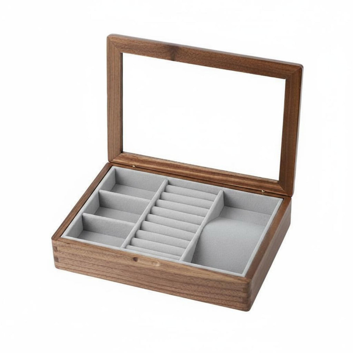 Walnut Wood Jewelry Case Vintage Style Wooden Jewelry Box Clear View Lid Multi-Compartment Organizer for Bedroom