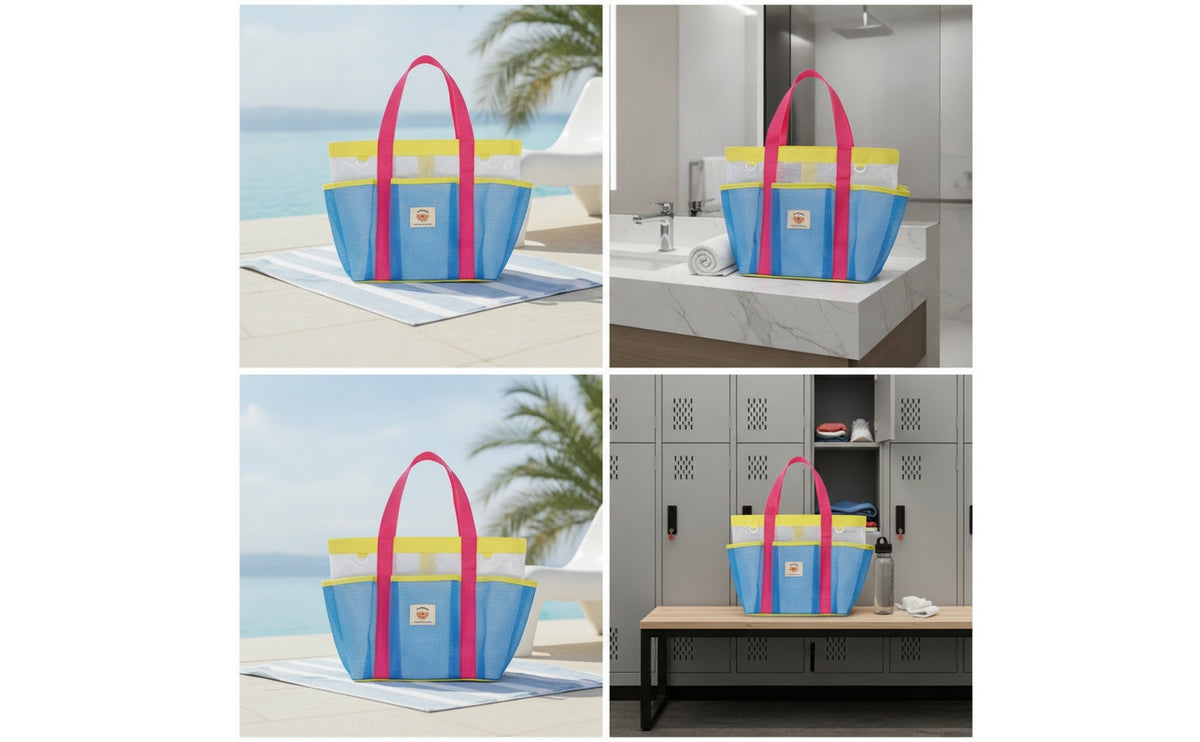 Mesh Tote Bag Multi-Compartment Mesh Beach Carryall Large Capacity Beach Tote with Side Pockets for Travel, Gym, Shower