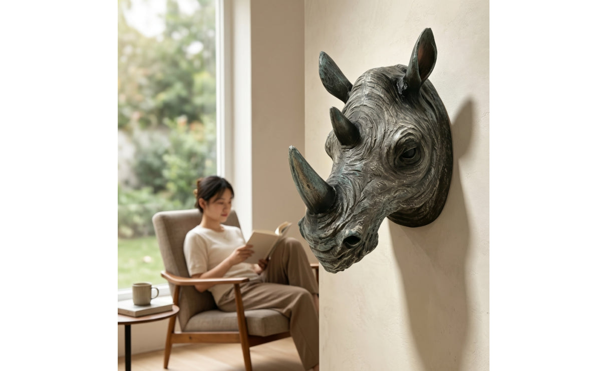 Home Decoration Carved Texture 3D Wall Relief Rhinoceros Head Wall Sculpture Detailed