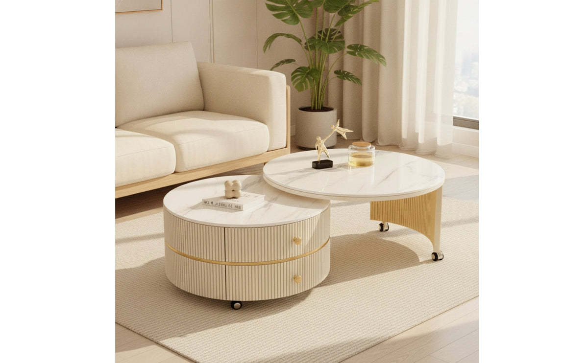 2 Pieces Modular Coffee Table Mineral-Look slabLook Coffee Table with Wheels Mobile Nesting Tables for Living Room, Small Apartment