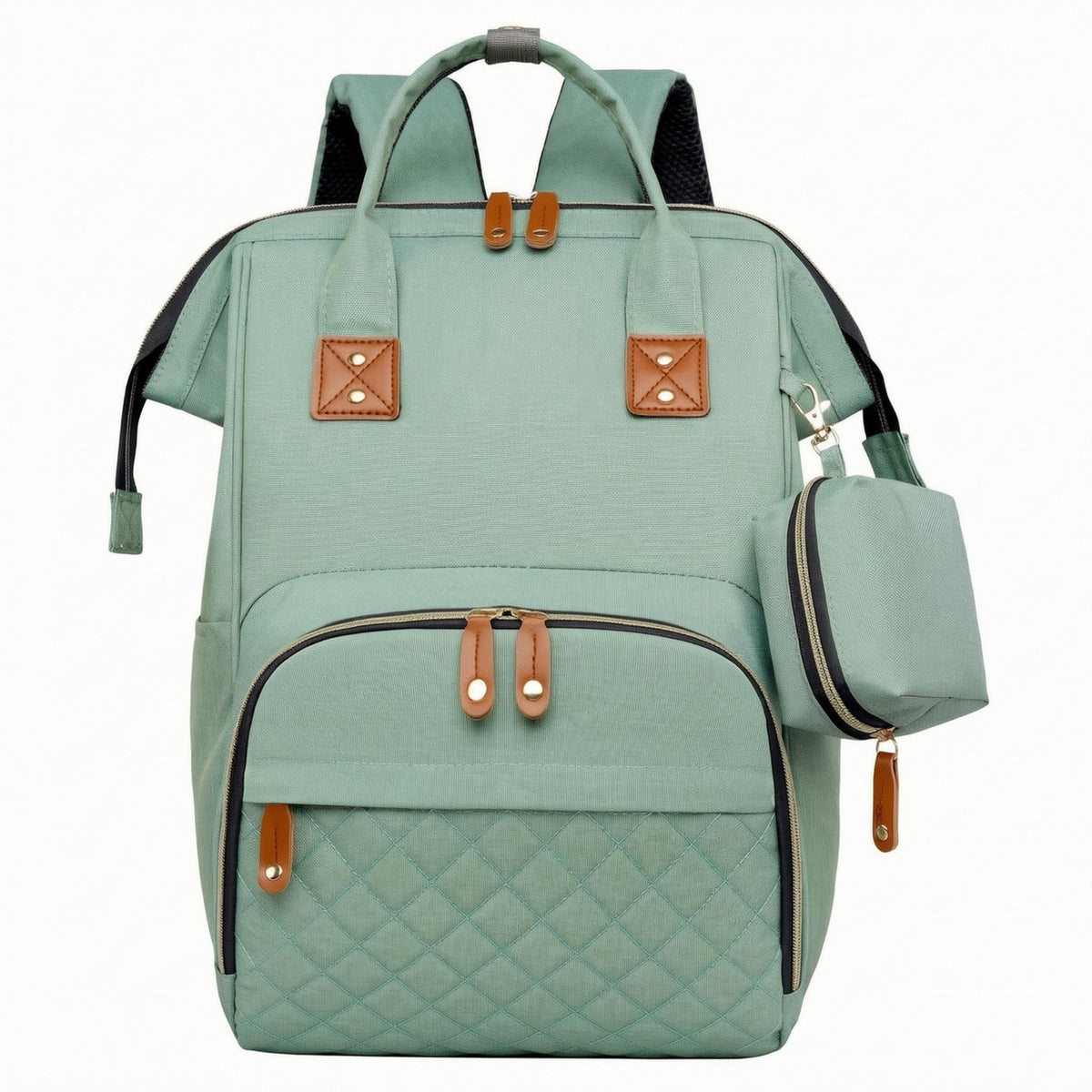 Faux-Leather Trim Multifunction Diaper Backpack Quilted Front Diaper Backpack Padded Shoulder Straps Nursery Storage Attached Side Pouch