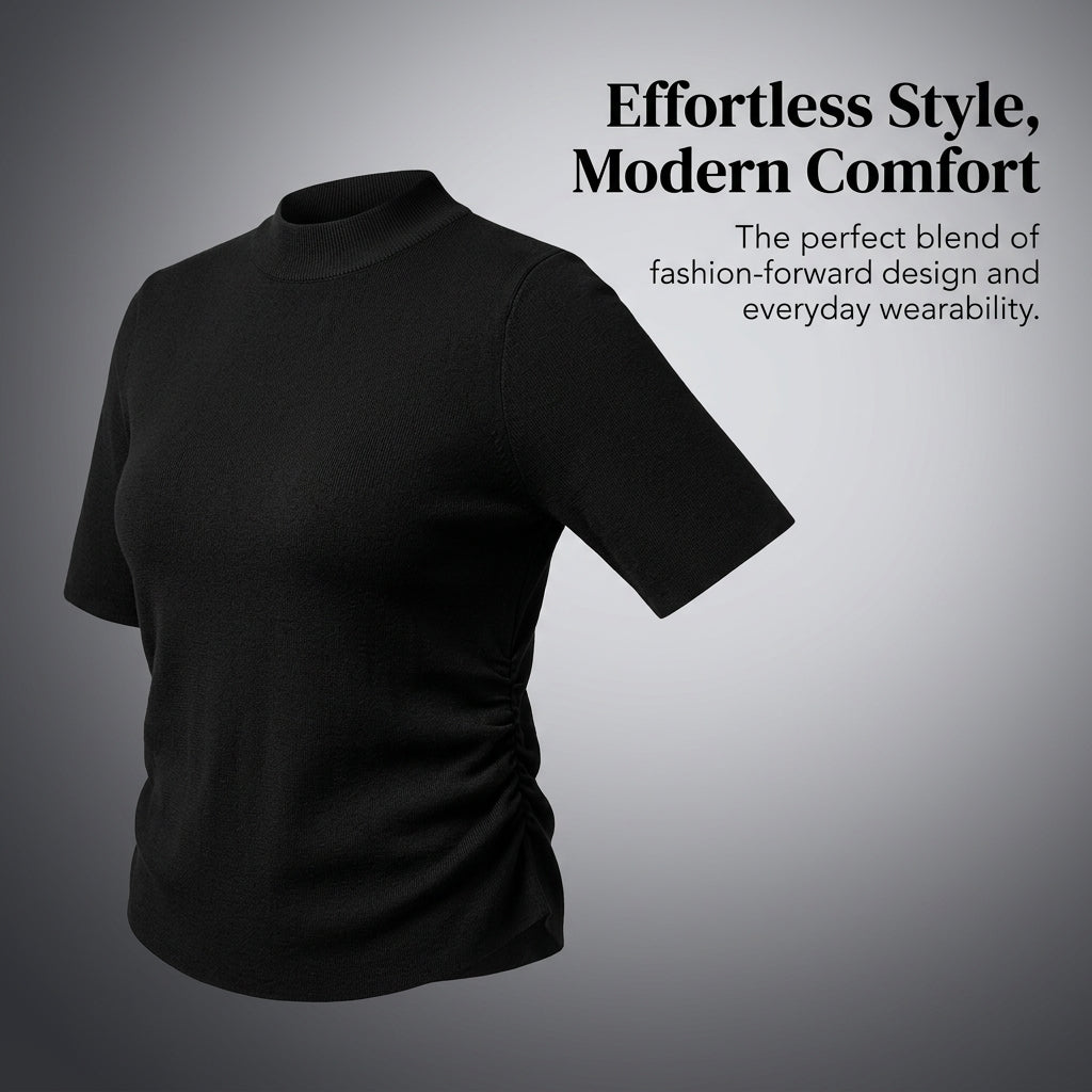 Knit Top for Women with Mock Neck and Ruched Detail, Short Sleeve Sweater in Viscose Blend for Spring Wear, Ribbed Texture Pullover Knitwear
