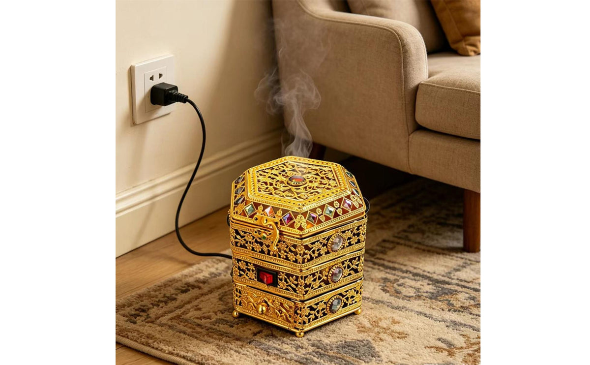 Electric Incense Burner Filigree Metal Incense Burner Electric Censer Gemstone Inlay Home Fragrance Lidded