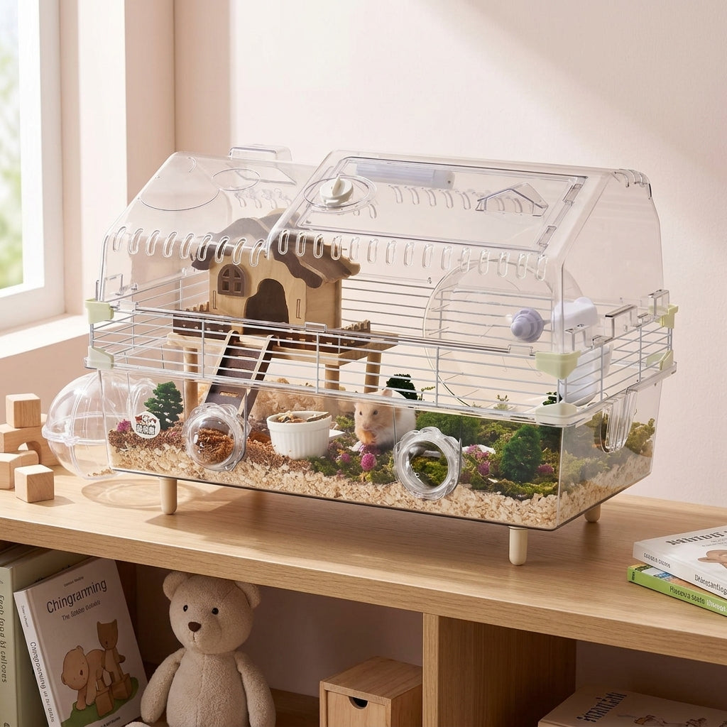 Large Hamster Habitat Villa, 2-Tier Viewing Cage with External Tubes and Built-in House, Indoor Use for Syrian Hamsters
