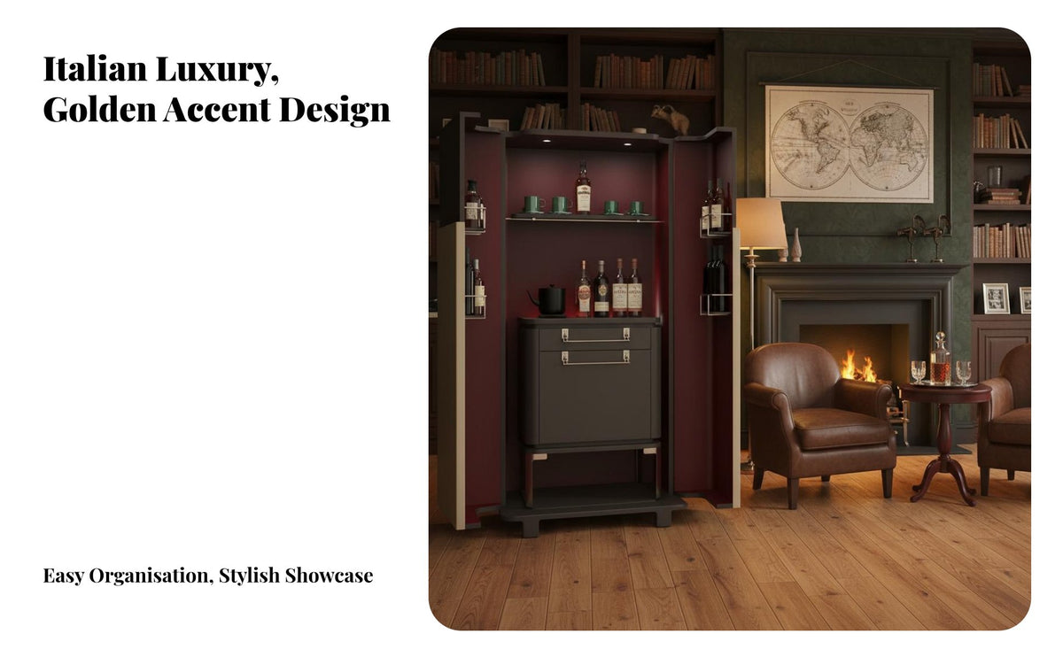 Luxury Design Solid Wood Wine Cabinet LED Lights Wine Cabinet with Glass Doors Adjustable Shelves Modern Lighted Home Bar Multi-Functional for Entertainers, Homeowners, Adults, Living Room, Mansion, Entertainment Area, Hotel Suite