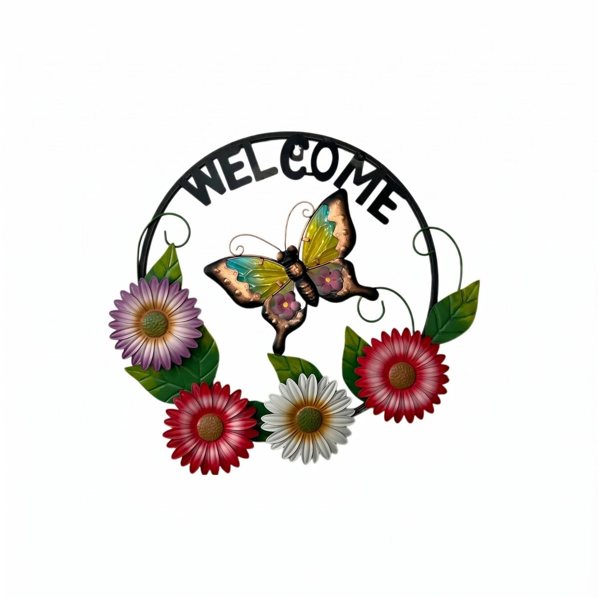 Floral Butterfly Wall Plaque Iron Crafted Metal Welcome Wall Decor 3D Layered Floral Butterfly Sign for Patio